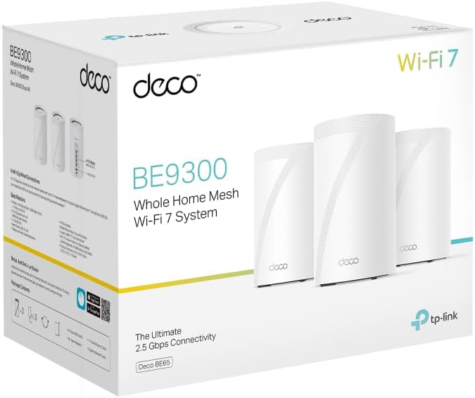 TP-Link Deco BE11000 Tri-Band WiFi 7 Mesh (Deco BE65 Pro) - 11 Gbps, 6 GHz/5 GHz/2.4 GHz Bands, 5 Gbps Ports, MLO, 320 MHz Channels, HomeShield, Universal Compatibility - 2-Pack