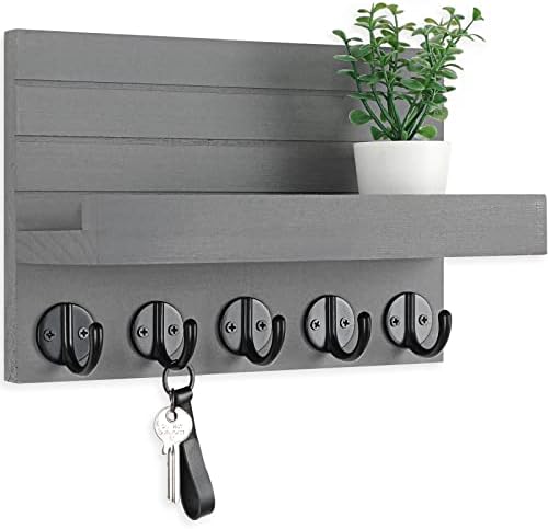 Lwenki Key Holder for Wall, Decorative Key and Mail Holder with Shelf Has Large Key Hooks for Bags, Coats, Umbrella – Paulownia Wood Key Hanger with Mounting Hardware (Black)