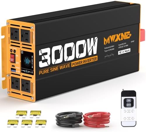 MWXNE 2000W Pure Sine Wave Inverter 12V DC to 110V 120V AC Car Converter for RV Truck Off-Grid Solar Power Inverter with 4 AC Outlets, USB/Type-C Fast Charging Ports, LCD Display, Remote Control