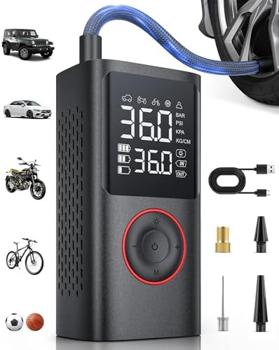 Powools Tire Inflator Portable Air Compressor, 150 PSI Cordless Mini Bike Tire Pump, Air Pump for Auto, Motorcycle, Bicycle, Balls with Pressure Gauge&LED Light, Black, 8.89 X 4.75 X 13.79 CM