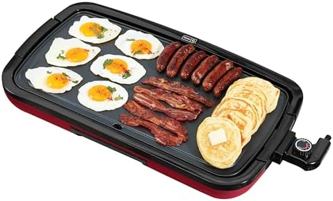 DASH Deluxe Everyday Electric Griddle with Dishwasher Safe Removable Nonstick Cooking Plate for Pancakes, Burgers, Eggs and more, Includes Drip Tray + Recipe Book, 20” x 10.5”, 1500-Watt - Red - PuriLite