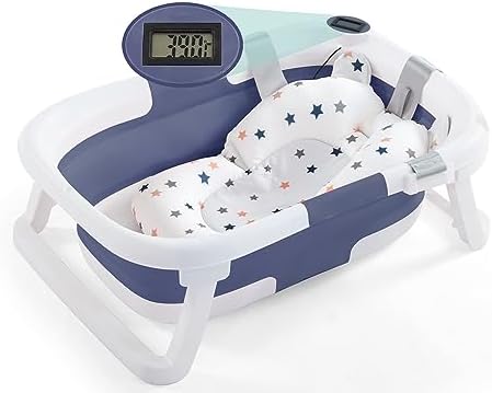 nordmiex Foldable Baby Bathtub for Infants to Toddler,Portable Travel Multifunctional with Drain Hole,Collapsible Newborn 0-36 Month (Blue White+Baby Bath Cushion+Waterproof Ear Cap)