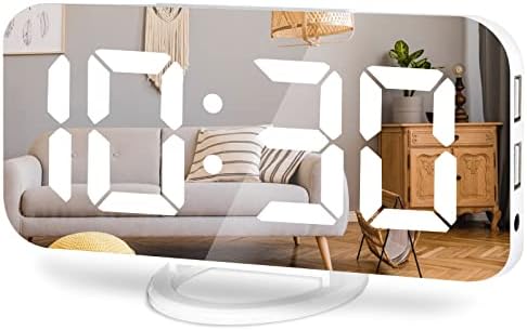 Digital Alarm Clock,Large LED Mirror Display, 2 USB Charging Ports,Auto Dim Mode,Modern Design Clock for Bedroom Office, White