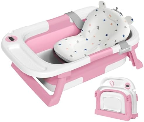 Collapsible Baby Bathtub,Baby Bath Tub with Thermometer & Soft Cushion,Baby Bathtub for Newborn to Toddler 0-36 Months,Portable Travel Baby Tub with No-Slip Feet,Baby Shower Gifts,Pink