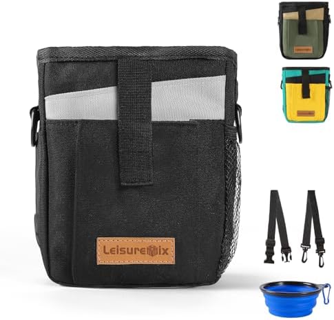 Dog Treat Pouch with Collapsible Bowl & Zippered Pockets Hands-Free Training Treat Pouch Bag for Dogs Waterproof Pet Waist Bag, Adjustable Strap Training, Hiking, Outdoor Use (Black)