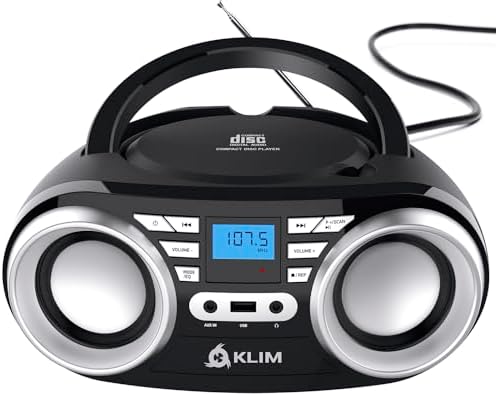 KLIM B3 Portable CD Player Boombox with FM Radio, Bluetooth, USB, AUX, and FM Radio Dual Speakers, EQ Sound Effects, 20 Preset Stations, Compact and Lightweight - Black No RGB