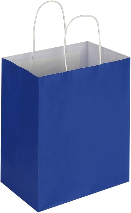 Oikss 100 Pack 8x4.75x10 Inch Medium Royal Blue Kraft Paper Bags with Handles Bulk for Birthday Wedding Party Favors Grocery Retail Shopping Business Goody Craft Gift Bags Sacks, (100pcs Count)