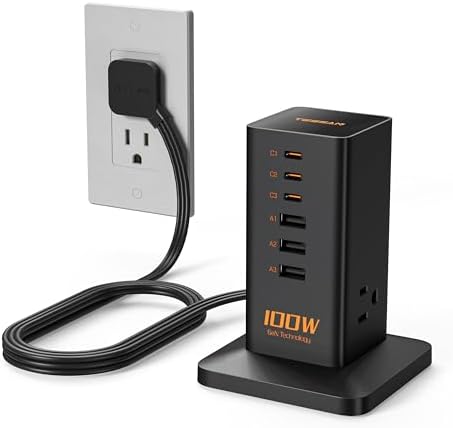 Charging Station, TESSAN 65W Max GaN USB C Charger Block, 6-Ports and 3 AC Outlets Power Tower, Fast Charging for Multiple Devices, Compatible with iPhone, Samsung and More