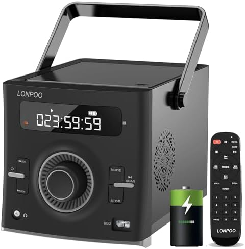 LONPOO Portable CD Player | Stereo Bluetooth Boombox | FM Radio Turn Knob | Auto Lid Open Button | Big LCD Display | Concealed Ports of USB/AUX/Earphone | Rear Power Protection Button (LP-D12)