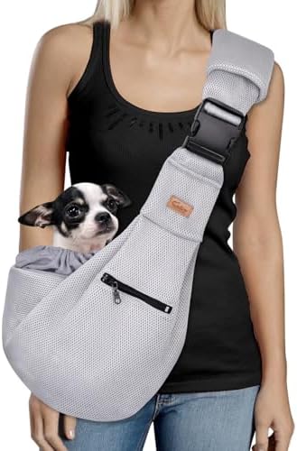 Cuby Adjustable Dog Cat Sling Padded Hard Bottom Pet Carrier Sling Soft Carrying Puppy Bag for Small Dogs Cats Outdoor Travel (Grayish-White)