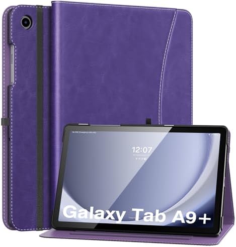 MoKo Case for Samsung Galaxy Tab A9 Plus 11" 2023 (SM-X210/SM-X216/SM-X218), PU Leather Multi-Angle Viewing Folding Stand Cover Case with Hand Strap, Front Pocket, Auto Wake/Sleep, Denim Blue & Brown