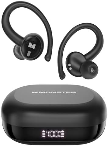 Monster N-Lite 216 Wireless Earbuds 48hrs Bluetooth 6.0 Headphone, Bluetooth Earbuds Stereo Deep Bass Over Ear Bud with Earhooks,ENC Noise Cancelling Mic, IPX6 Waterproof Earphone for Workout/Running