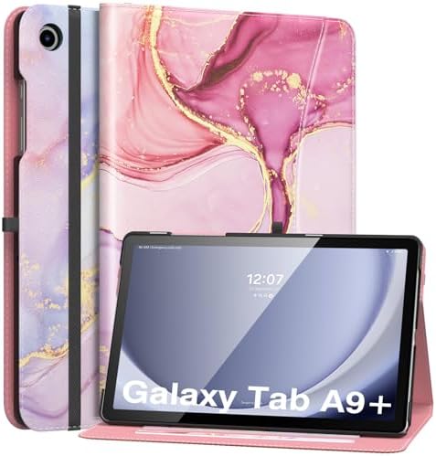 MoKo Case for Samsung Galaxy Tab A9 Plus 11" 2023 (SM-X210/SM-X216/SM-X218), PU Leather Multi-Angle Viewing Folding Stand Cover Case with Hand Strap, Front Pocket, Auto Wake/Sleep, Denim Blue & Brown