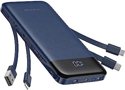 Charmast Portable Charger with Built in Cables, Power Bank with Cords Wires, Slim 10000mAh Travel Battery Pack 6 Outputs 3 Inputs 3A Fast Charging for Samsung Google Pixel LG Moto iPhone iPad