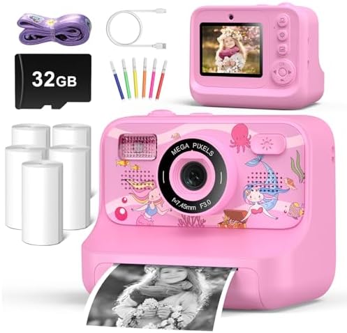 Instant Print Camera for Kids Age 3-12 Girls Boys 1080P Selfie HD Digital Video Cameras with 6 Print Paper & 32G Card Toddler Portable Travel Toys Camera for Christmas Birthday Gifts