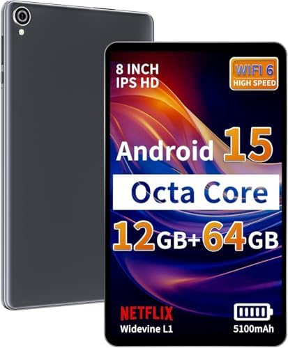 2025 Topsand Android 15 Tablet 8 inch Tablet, Octa-Core Processor, 12GB RAM 64GB ROM 2TB Expandable, 1280 * 800 IPS HD Screen, WiFi6, BT5.4, Widevine L1, 5MP+8MP Dual Camera