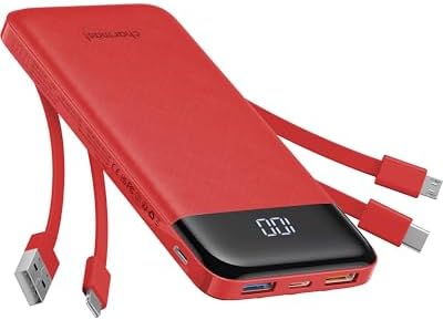 Charmast Portable Charger with Built in Cables, Power Bank with Cords Wires, Slim 10000mAh Travel Battery Pack 6 Outputs 3 Inputs 3A Fast Charging for Samsung Google Pixel LG Moto iPhone iPad