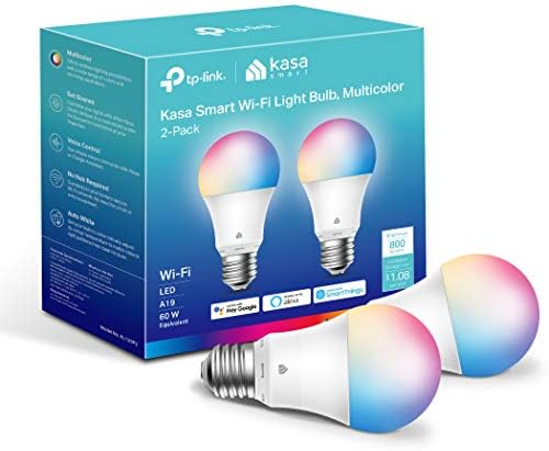 Kasa Smart Light Bulbs, Full Colour Changing Dimmable Smart WiFi Bulbs Compatible with Alexa and Google Home, A19, 9W 800 Lumens,2.4Ghz only, No Hub Required, 2-Pack (KL125P2), Multicolour