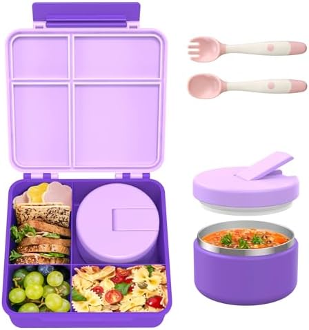 Bento Lunch Box for Kid with 7oz Soup Jar, Leak-Proof Lunch Box with Cutlery, 4-Compartments Lunch Container for School Outdoors Office