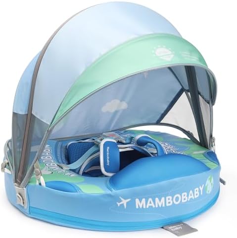 Mambobaby Baby Swim Float with Canopy, Non-Inflatable Solid Baby Float, Upgrade Soft Skin-Friendly Material Infant Swim Float