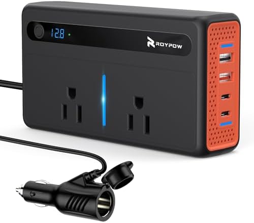 RoyPow 200W Car Power Inverter, DC 12V to 110V AC Power Inverter with Cigarette Lighter Port, Car Plug Adapter Outlet with 3.4A USB-A, QC3.0 24W, PD 30W, PD 36W, Dual AC Outlets, Car Charger Adapter