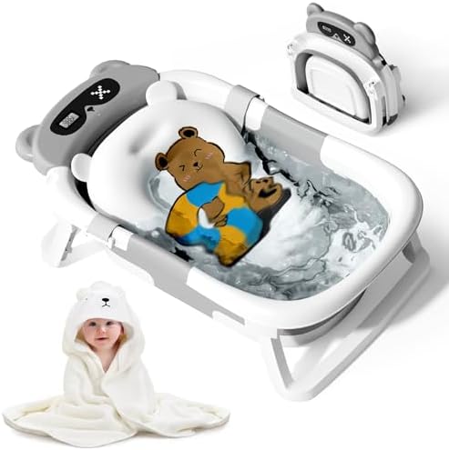 Kerbwry Baby Bathtub for Newborn to Toddler, Baby Bath Tub with Soft Towel and Floating Cushion, Baignoire Pour Bébé, Shower Essentials for Newborn (0-18 Months) Grey
