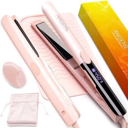 ANGENIL Pro Titanium Flat Iron Hair Straightener, Dual Voltage Straightening and Curling Iron in One, 15s Fast Heating, Negative Ion Round Pink Hair Straightener with Heat Resistant Silicone Mat Pad