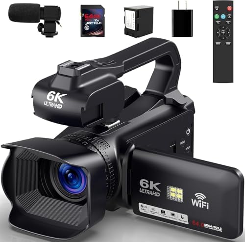 6K Camcorder Video Camera HD 64MP IR Night Vision Vlogging Camera for YouTube 18X Digital Zoom 4.0 Inch Touch Screen Video Camera with WiFi, Microphone, Stabilizer, Remote Control, 64GB SD Card