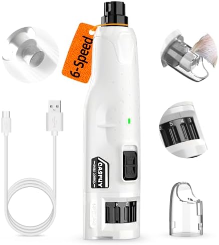 Casfuy Dog Nail Grinder Quiet - (45db) 6-Speed Pet Nail Grinder with 2 LED Lights for Large Medium Small Puppy Dogs/Cats, Professional 3 Ports Rechargeable Electric Dog Nail Trimmer with Dust Cap(W)
