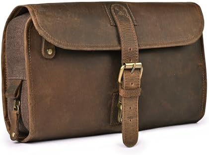 LEATHER VILLAGE Hanging Toiletry Bag for Men & Women, Handcrafted Vintage Cosmetic & Shaving Organizer Travel Dopp Kit- Brown