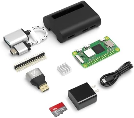 Pi Zero 2 W Base Kit - Includes Official Raspberry Pi Zero 2 W, Aluminum Alloy Mini HDMI to HDMI Adapter, Glossy Black Case, Heat Sink, Color-Coded 20-Pin GPIO Header, and Micro USB OTG Cable