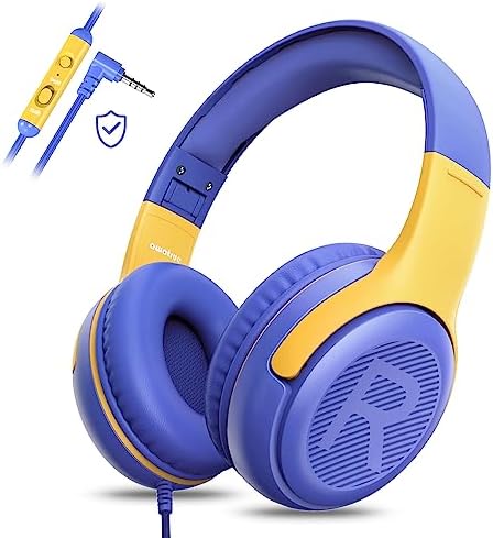 awatrue Kids Headphones with Microphone, Wired Headphones for Kids 85/94dB Safe Volume Limit, Over Ear Headsets, Boys Girls Childrens Headphones for School/Travel/Fire Tablet/BlueOrange