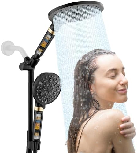 JONKEAN 7.5" Big Filtered Double Shower Head for Hard Water, Dual Shower Heads with Handheld Spray Combo, 9 Modes Waterfall Rain Shower Head High Pressure with Long Hose & Adjustable Bar(Matte Black)