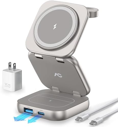 5-in-1 Wireless Charger for Magsafe, AC ISLAND Aluminum Travel Charging Station for Apple, 15W Snap Magnetic Multi Charging Stand Dock for iPhone 16/15/14/13 Apple Watch AirPods (with 35W GaN Adapter)
