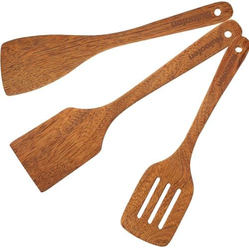 Wood Spatula for Cooking Wooden Kitchen Utensil Natural Wood Spatula Slotted Turner for Nonstick Pan Cookware 12 inch Frying Spatulas with Flat Bottom Edge Stirring Mixing and Flipping Turners