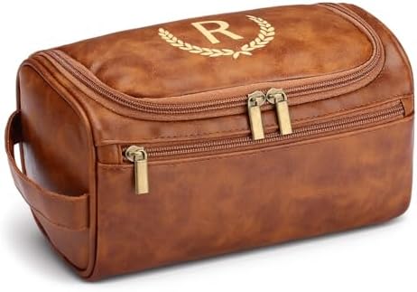 OXYEFEI Toiletry Bag Men,Gifts for Men,Mens Toiletry Travel Shaving Dopp Kit Bag with Initial PU Leather Cosmetic Bags Organizer Storage Accessories (R)