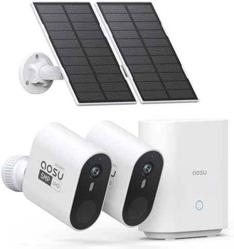 AOSU 5MP/3K Solar Security Cameras System 2-Kit, No Monthly Fee, 32GB Homebase Local Storage, 166° Ultra-Wide Angle Security Camera Wireless Outdoor, Forever-Solar Powered, Color Night Vision