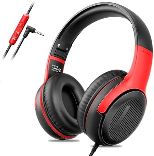 awatrue Kids Headphones with Microphone, Wired Headphones for Kids 85/94dB Safe Volume Limit, Over Ear Headsets, Boys Girls Childrens Headphones for School/Travel/Fire Tablet/BlueOrange