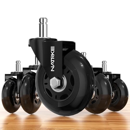 NATRKE Office Chair Wheel Replacement, 11×22 Office Chair Casters, 3" Rubber Caster Wheels for Swivel Chair for All Floors Hardwood Carpet, 5 Pack (Clear)