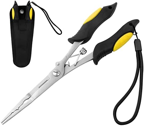 Fishing Pliers Stainless Steel Hook Remover Braid Cutter Rustproof Saltwater Split Ring Pliers Fishing Multi-Tools with Sheath and Lanyard