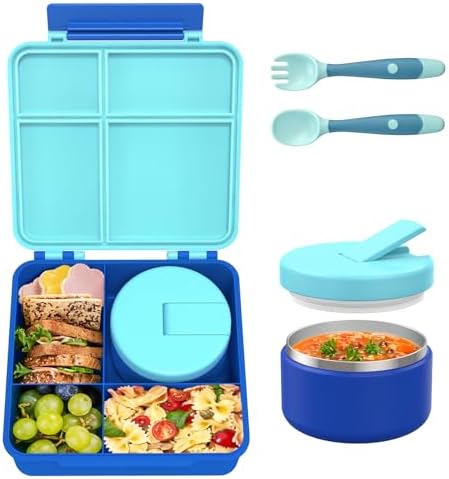 Bento Lunch Box for Kid with 7oz Soup Jar, Leak-Proof Lunch Box with Cutlery, 4-Compartments Lunch Container for School Outdoors Office