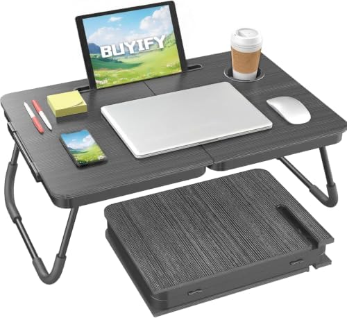 BUYIFY Portable Foldable Laptop Desk for Bed and Couch, Adjustable Lap Desk with Cup Holder and Phone Holder, Ideal for Working, Reading, Writing, and Breakfast (Black)-USA Original Patent