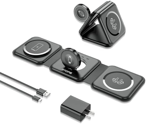 RTOPS 3 in 1 Wireless Charger for iPhone,W312 Fodable Charging Stations for Multiple Apple Devices, Fast Travel Charging Stand for iWatch, Airpod and iPhone 15 14 13 12 (Adapter Included)