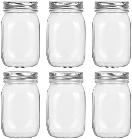 16oz Mason Jars with Airtight Screw Lids, 6 Pack 500ml Storage Glass Jars for Fruits,Jams,Drink Favors,Spice,Baby Foods,DIY Candles