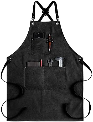 CONTAIL Chef Apron for Men Women,Canvas Aprons with Pockets-Cross Back Kitchen Apron for Cooking Grilling Baking BBQ Barber
