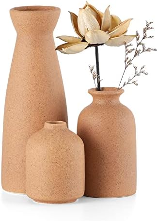 CEMABT White Ceramic vase Set-3 Small Flower vases for Decor,Modern Boho Farmhouse Home Decor,Decorative vase for Pampas Grass&Dried Flowers,idea Shelf,Table,Bookshelf ,Entryway- Distresse