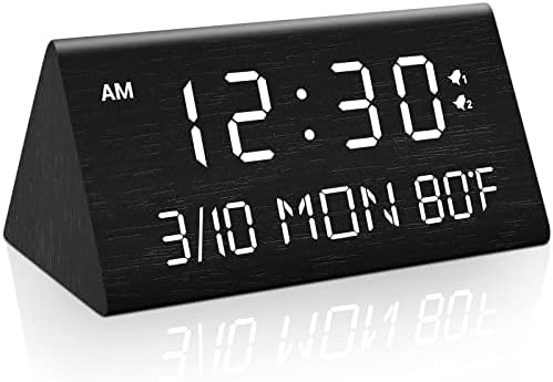 Kogonee Wooden Digital Alarm Clock, 0-100% Dimmer, 2 Alarm Settings, Weekday/Everyday Mode, 9 Mins Snooze, 12/24H, Temperature and Date Display for Office, Travel, Bedroom Alarm Clock (White)