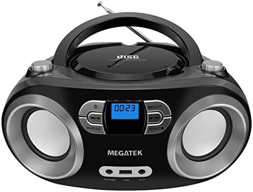 MEGATEK Portable CD Player Boombox with FM Radio, Bluetooth, USB Port, AUX Input, and Headphone Jack – CD-R/CD-RW/MP3-CD Compatible, Clear Stereo Sound, Backlit LCD Display – Black