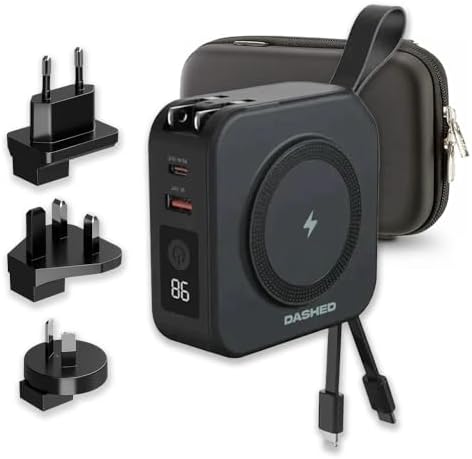 Travelpod 5-in-1 Travel Charger Power Bank - Global Compatibility, Wireless Charging, 10,000mAh - iPhone, AirPods, iPad, Watches, Samsung, Android - Includes 4 Universal Adapters (Black)