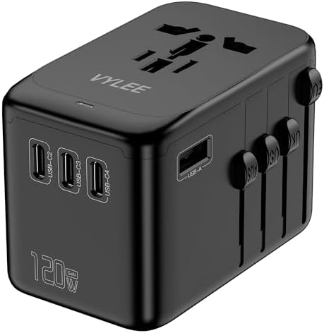 VYLEE Universal Travel Adapter, 65W Fast GaN International Power Adapter, 3PD USB-C+1QC USB-A European Travel Plug Adapter, US, UK, EU, AU Worldwide Travel Charger for Laptops, Tablets, Phones